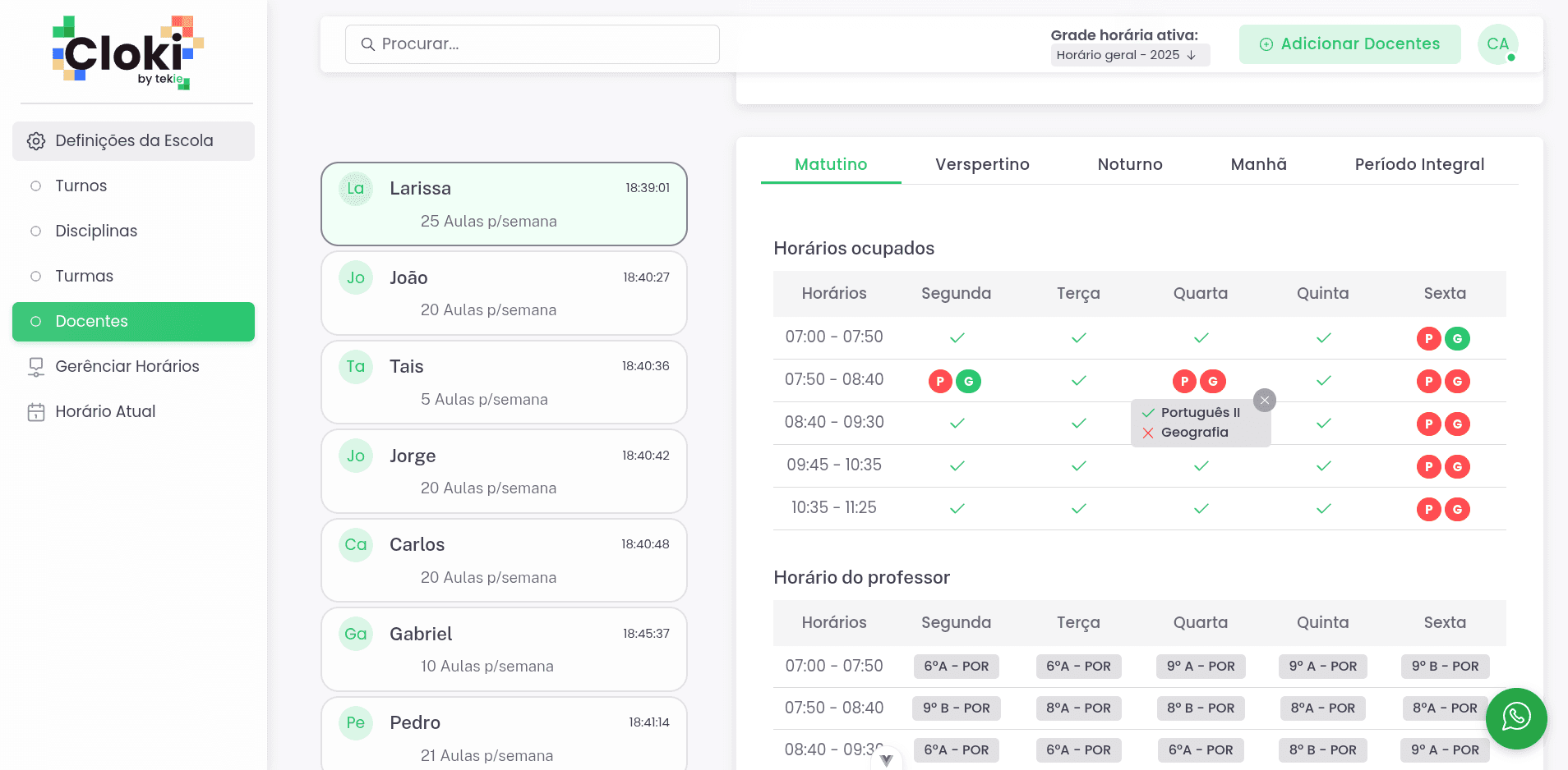 Definição de horários ocupados